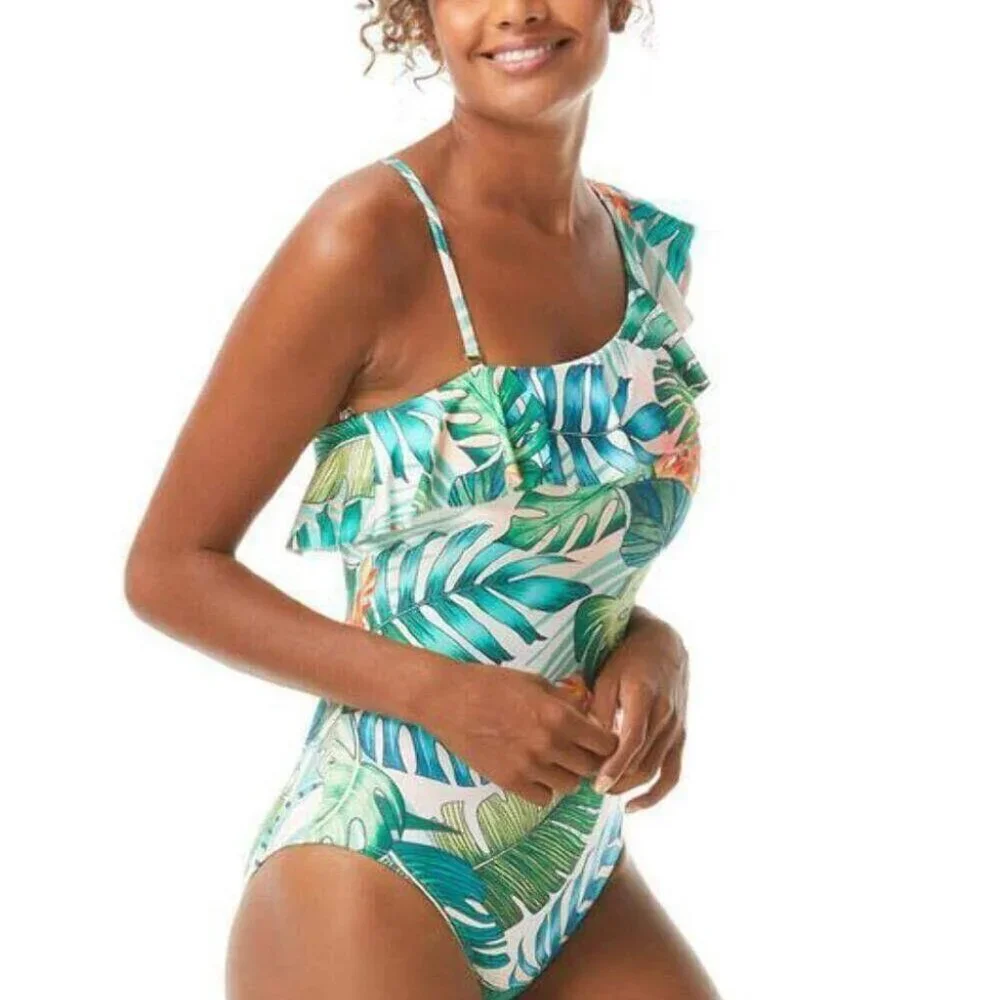 Vince Camuto Lush Tropic Ruffle One Shoulder One-Piece Multi 6 - Picture 2 of 3